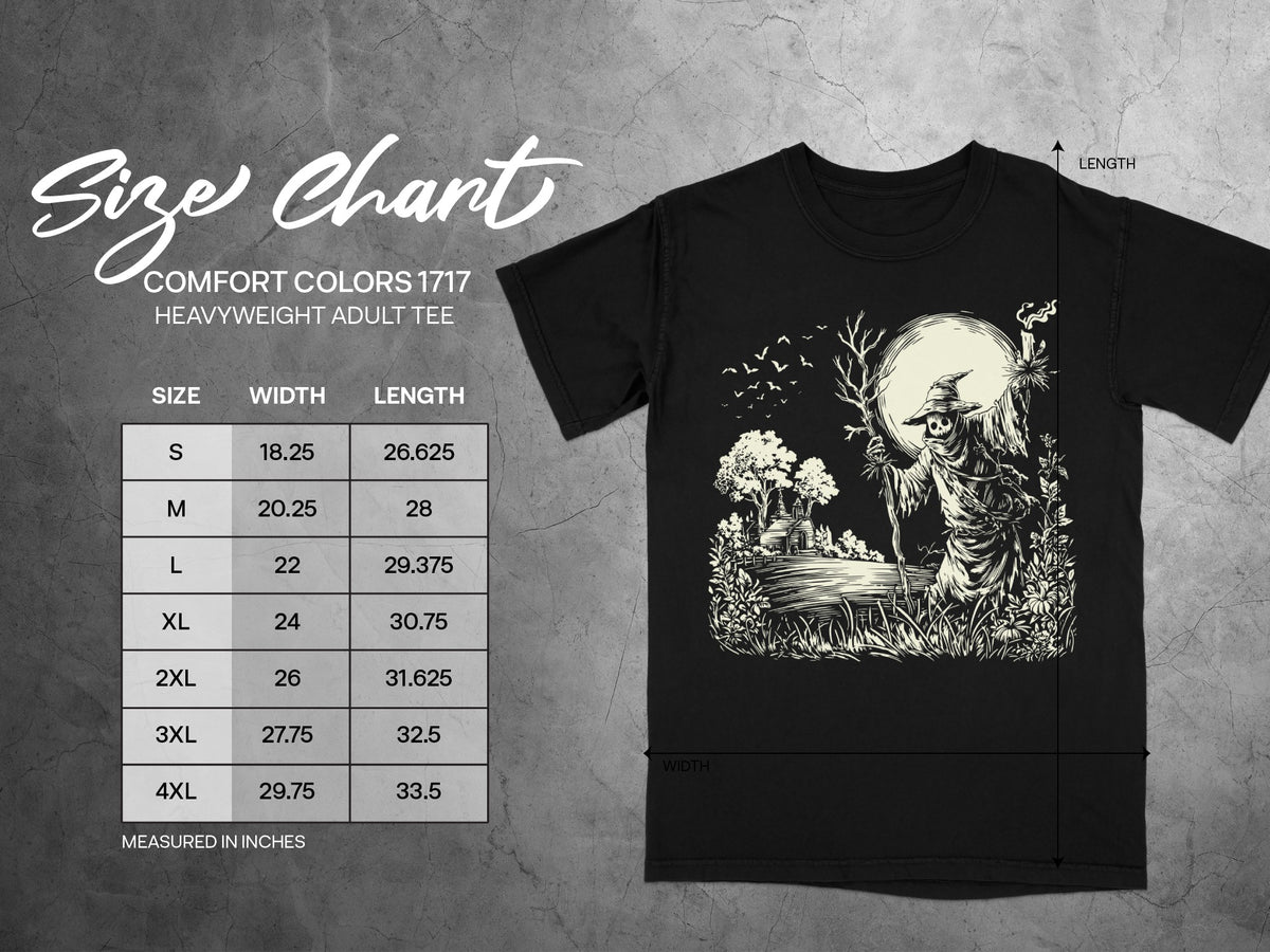Comfort Colors 1717 heavyweight adult tee size chart with width and length measurements in inches.