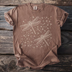 Brown t-shirt with cream dragonfly and dandelion seed print.