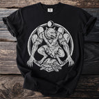 Werewolf transformation design on black t-shirt with moon and gravestones.