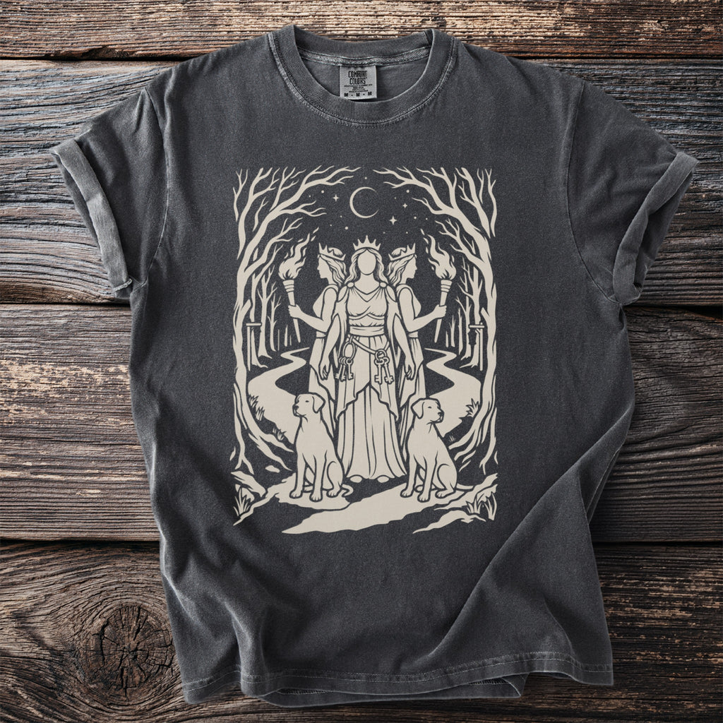 Dark gray t-shirt with a three-headed goddess and dogs design.
