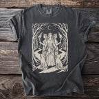 Dark gray t-shirt with a three-headed goddess and dogs design.