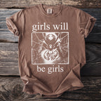 Brown t-shirt with "girls will be girls" text and spider graphic.