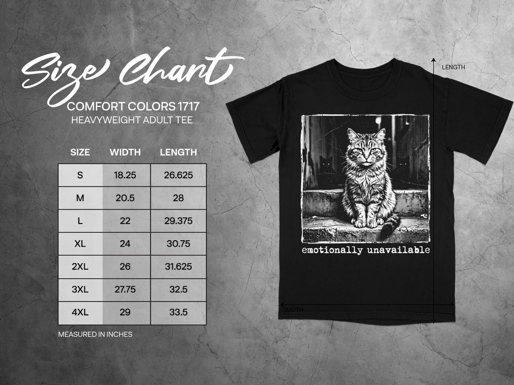 Black t-shirt size chart with cat graphic and "emotionally unavailable" text.