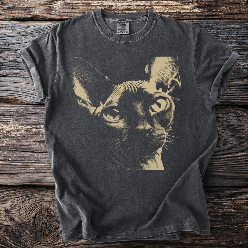 Dark gray t-shirt featuring a beige Sphinx cat graphic with large eyes.