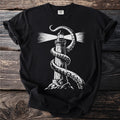 Black t-shirt with white lighthouse design wrapped by octopus tentacles.