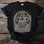 Black t-shirt with a cream graphic of a deer, pentagram, moon, and foliage.