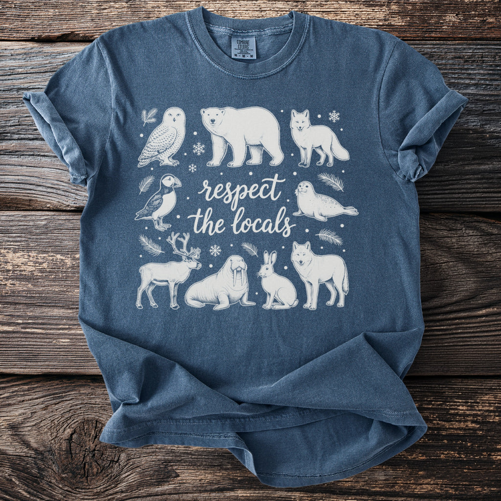 T-shirt with white line art of arctic animals and "respect the locals" text.