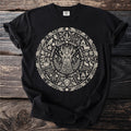 Black t-shirt with a circular cream-colored occult-themed nature print featuring a goddess.