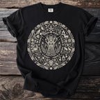 Black t-shirt with a circular cream-colored occult-themed nature print featuring a goddess.