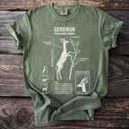 Green t-shirt with Gerenuk deer illustration and biological facts.