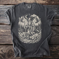 Dark gray t-shirt showing Odin the Wanderer with two wolves, ravens, moon, and runes.
