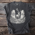 T-shirt with stag, labyrinth, triskelion, moon, ferns, and mushrooms illustration.