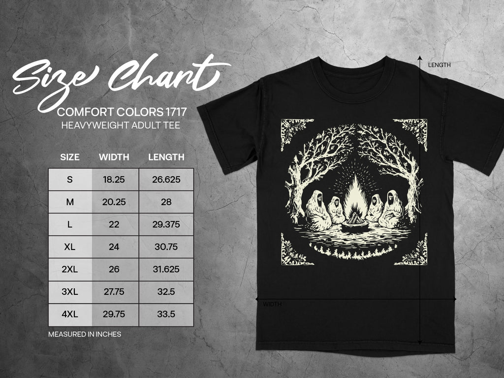 Comfort Colors 1717 heavyweight adult tee size chart in inches.