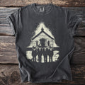 Dark gray t-shirt with a graphic of five figures in front of a church.