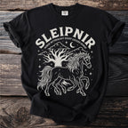 Black t-shirt with white graphic of Sleipnir, Nordic mythology eight-legged horse.