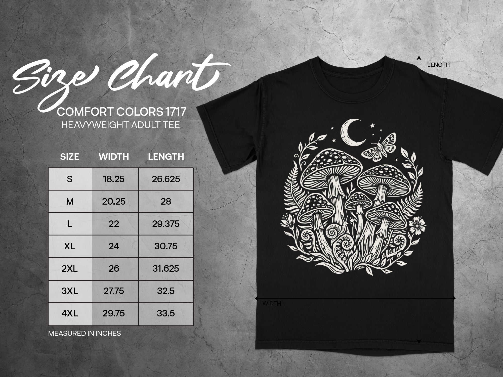 Comfort Colors 1717 heavyweight adult tee size chart for width and length.