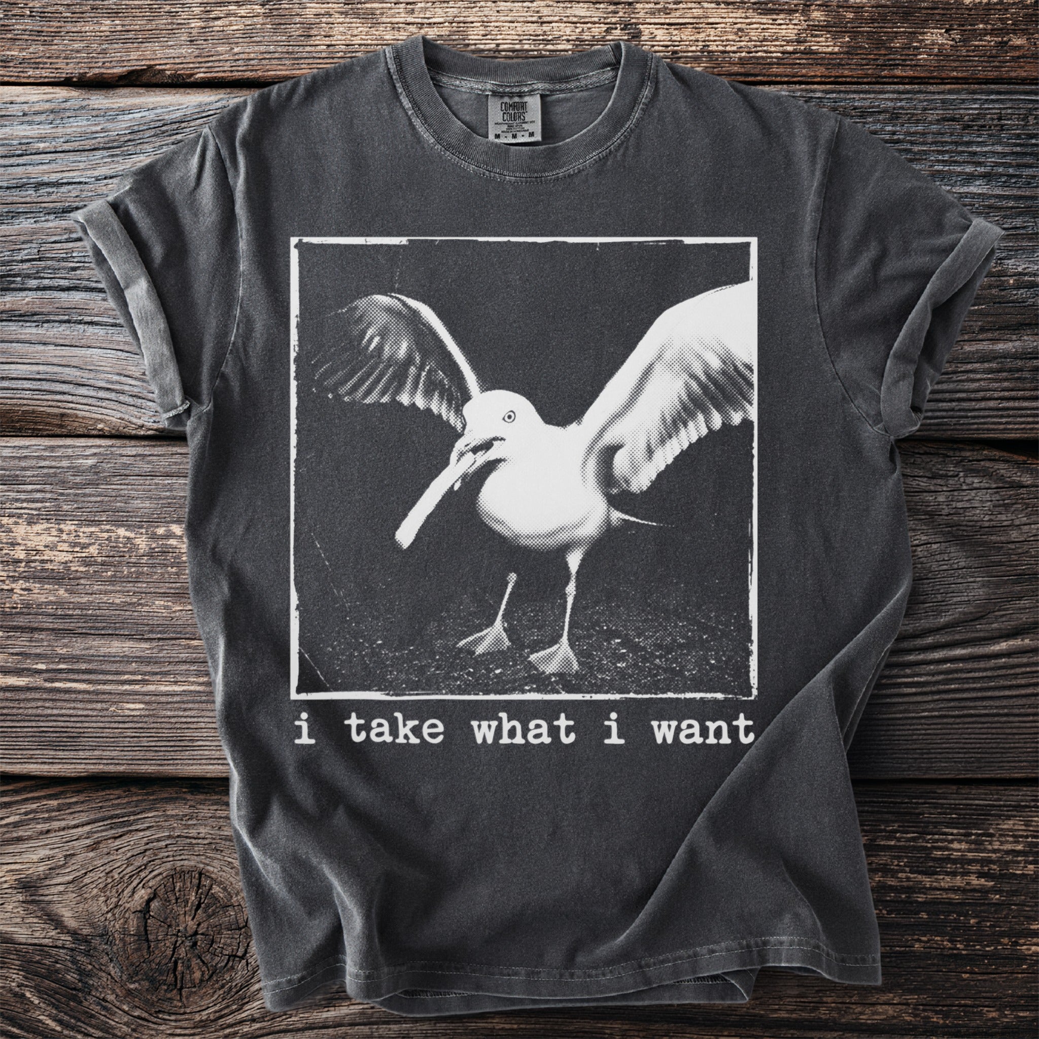 Dark grey t-shirt with a distressed seagull graphic and text "i take what i want".