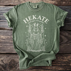 Green t-shirt with "HEKATE greek night witch goddess" text and illustration.