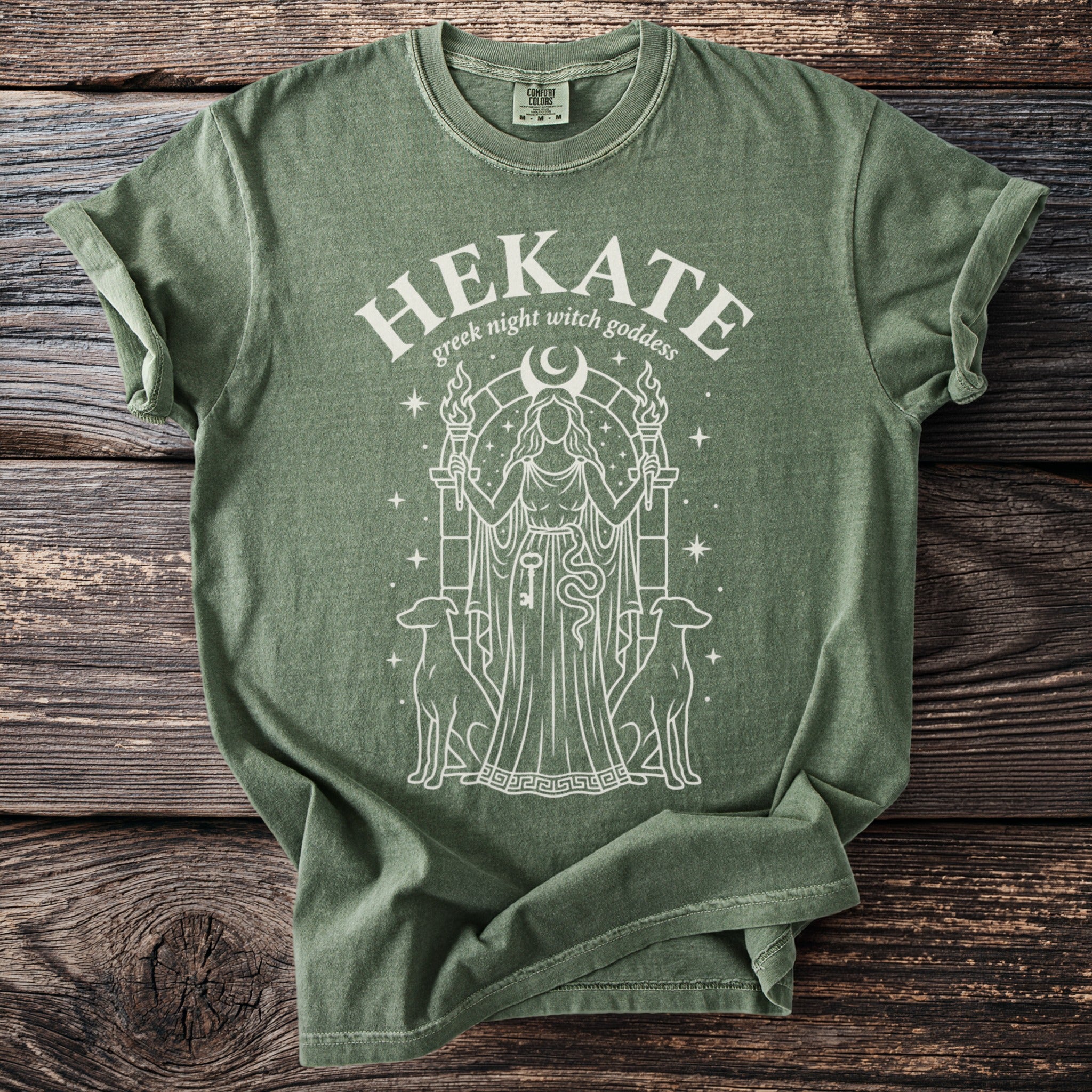Green t-shirt with "HEKATE greek night witch goddess" text and illustration.