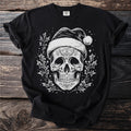 Black t-shirt with white stylized Day of the Dead skull wearing Santa hat and holly.