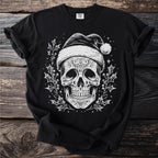 Black t-shirt with white stylized Day of the Dead skull wearing Santa hat and holly.