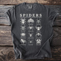 Dark gray t-shirt with "Spiders An Illustrated Study of the Arachnid World" and twelve spider illustrations.