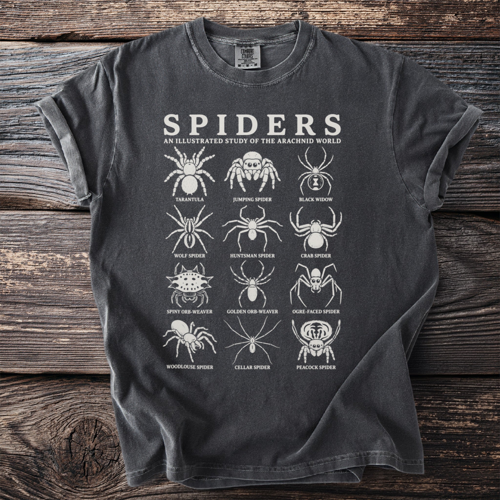 Dark gray t-shirt with "Spiders An Illustrated Study of the Arachnid World" and twelve spider illustrations.