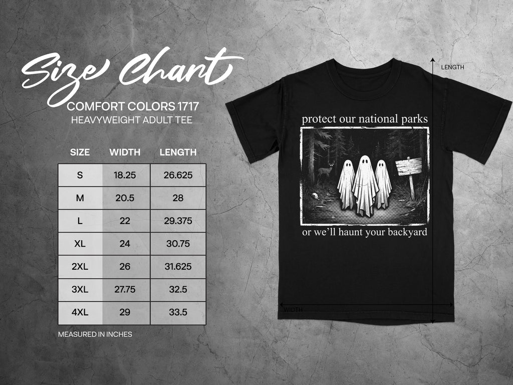 Comfort Colors 1717 garment size chart in inches.