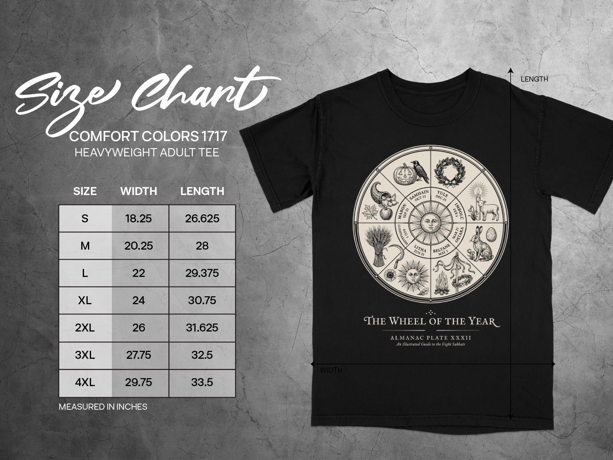 Comfort Colors 1717 size chart for heavyweight adult tee with Wheel of the Year design.