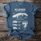 Hellbender t-shirt featuring scientific illustration and facts about the amphibian.