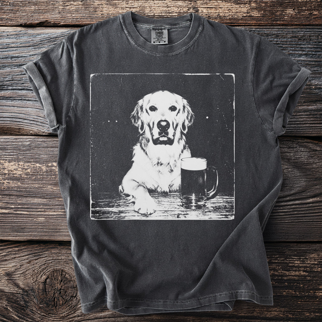 T-shirt with black and white graphic of a golden retriever with a beer mug.
