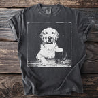 T-shirt with black and white graphic of a golden retriever with a beer mug.
