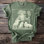 Green t-shirt with a white line art print of a man with a tree for a head, holding branches, with three wolves.