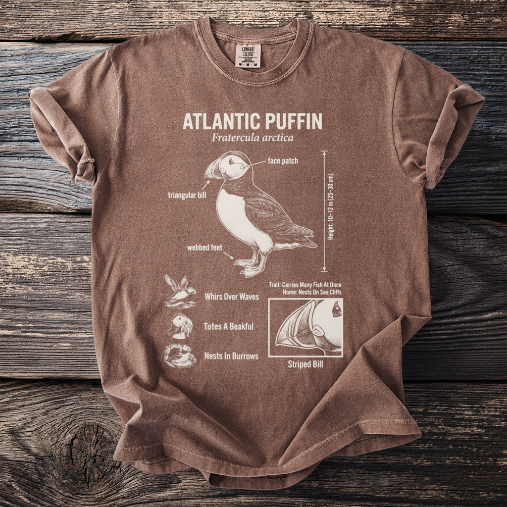 Atlantic Puffin diagram on a brown t-shirt with bird features labeled.