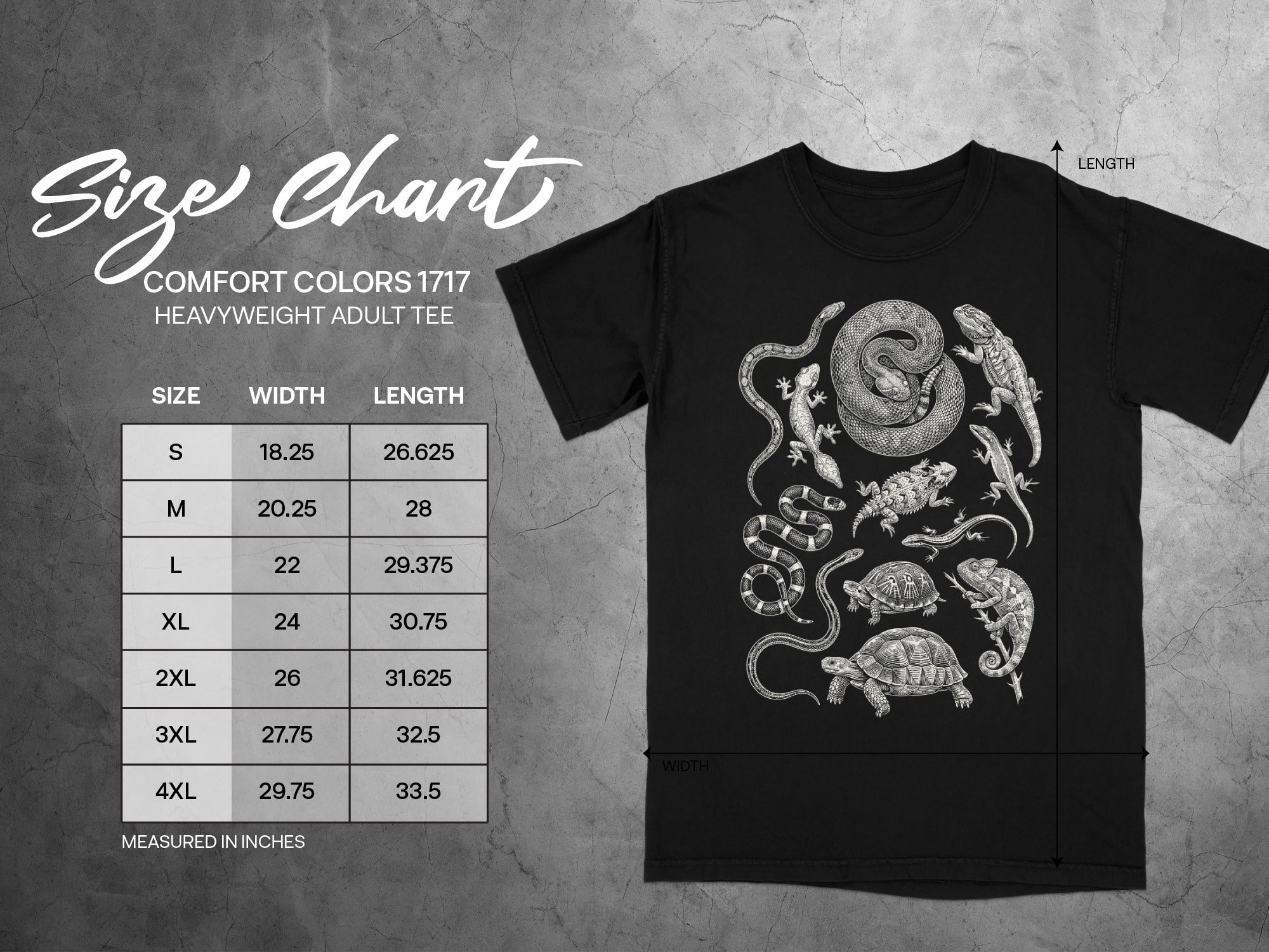 Comfort Colors 1717 heavyweight adult tee size chart with illustrations of reptiles.