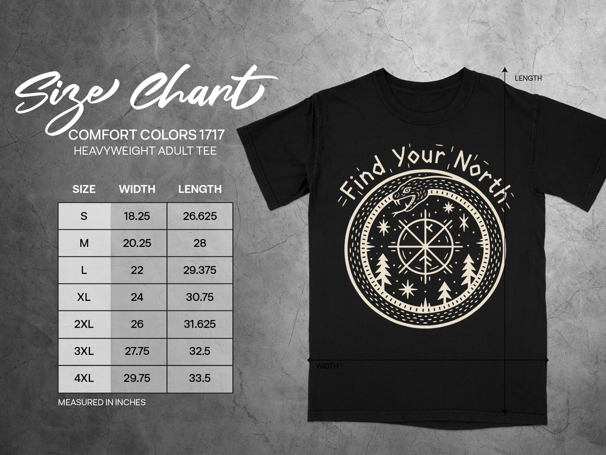Comfort Colors 1717 heavyweight adult tee size chart with width and length measurements.