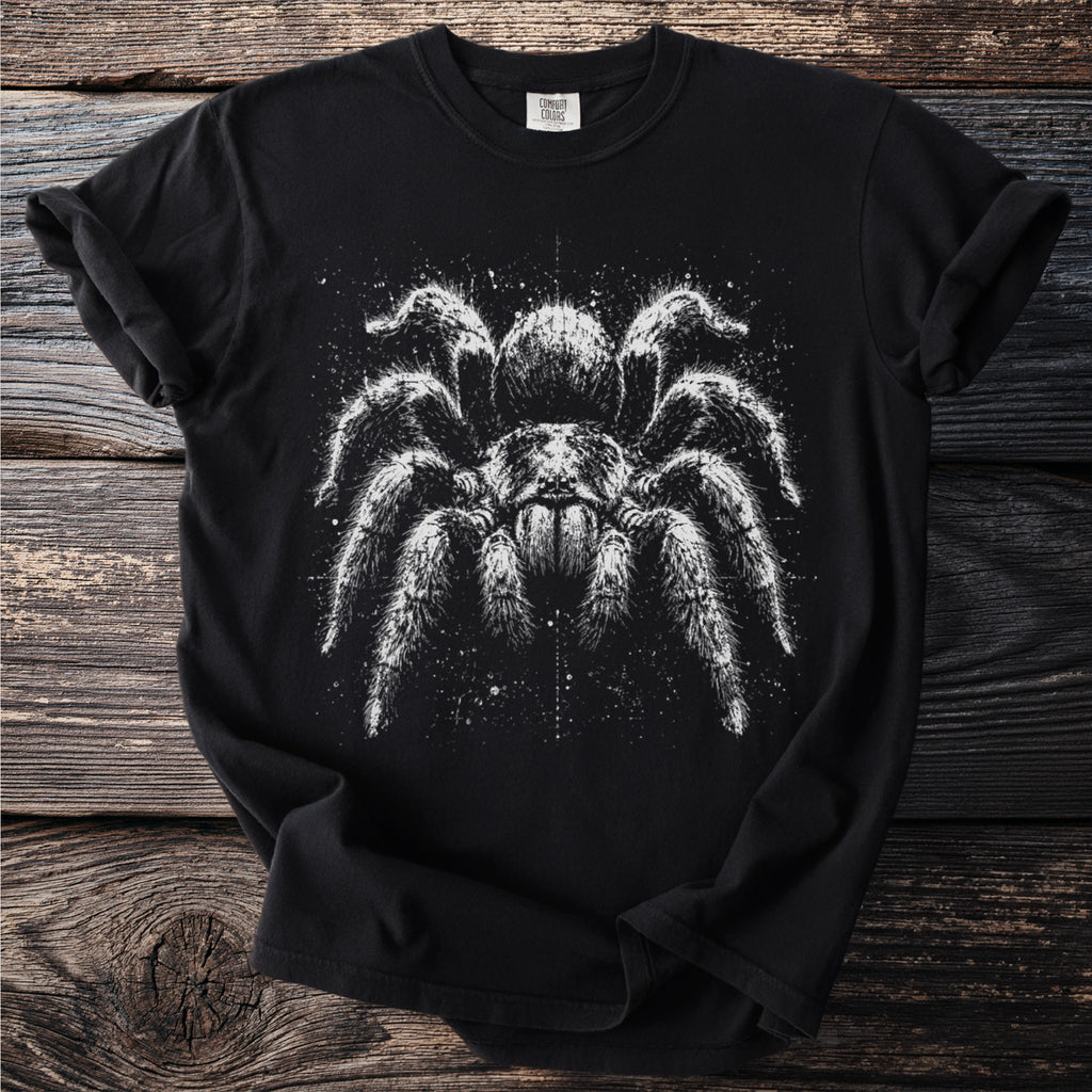Black t-shirt with a white, distressed graphic of a tarantula spider.