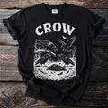 Black t-shirt with white "CROW" text and a flock of crows graphic.