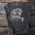 Werewolf gently touching a kitten on a charcoal gray t-shirt.