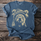 Blue t-shirt with a distressed print of a koala wearing a beanie. Comfort Colors label visible.