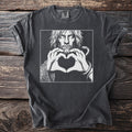 Dark grey t-shirt with graphic of a man forming heart with hands, snake, and net.