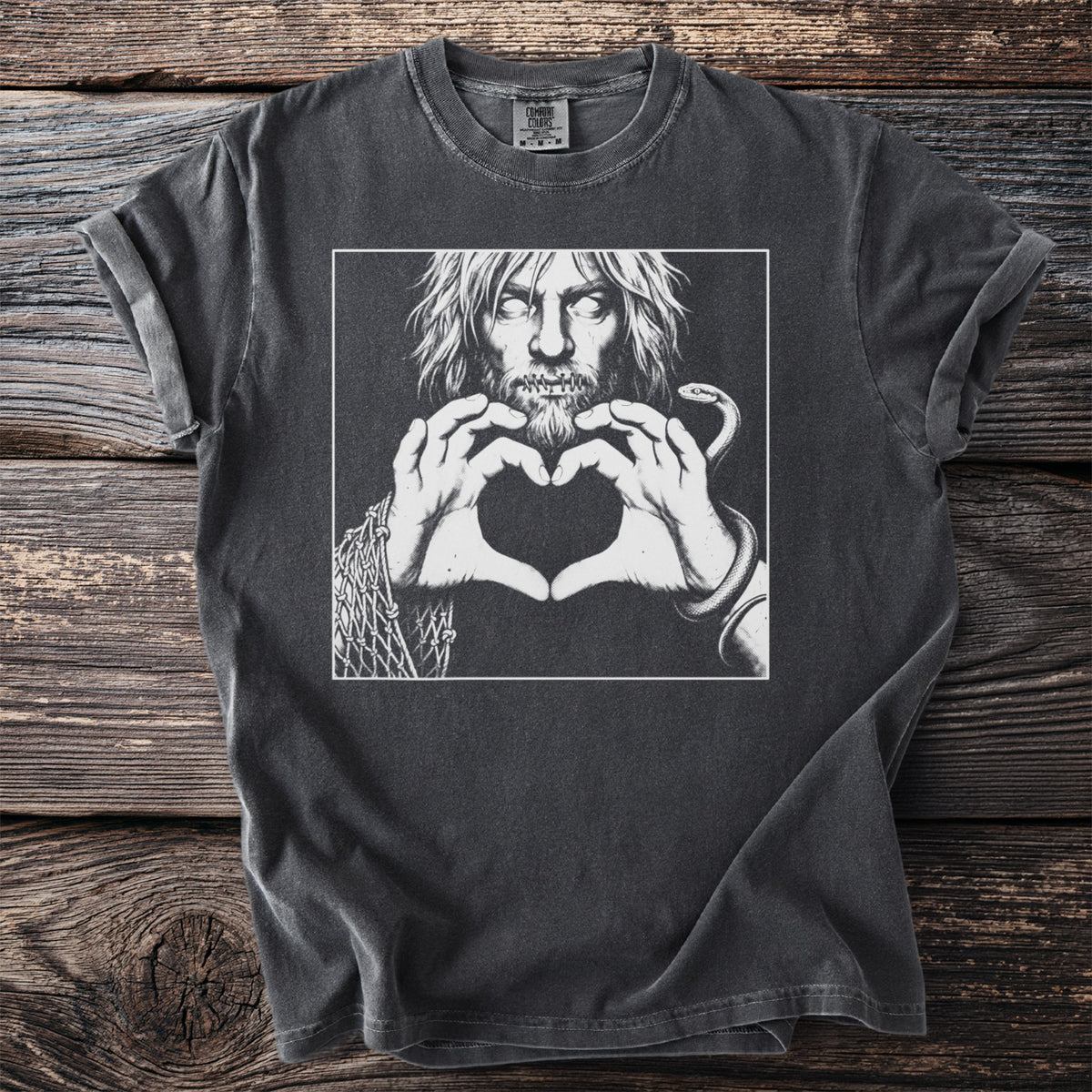 Dark grey t-shirt with graphic of a man forming heart with hands, snake, and net.