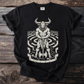 Minotaur with axe in maze on black t-shirt with Comfort Colors label.