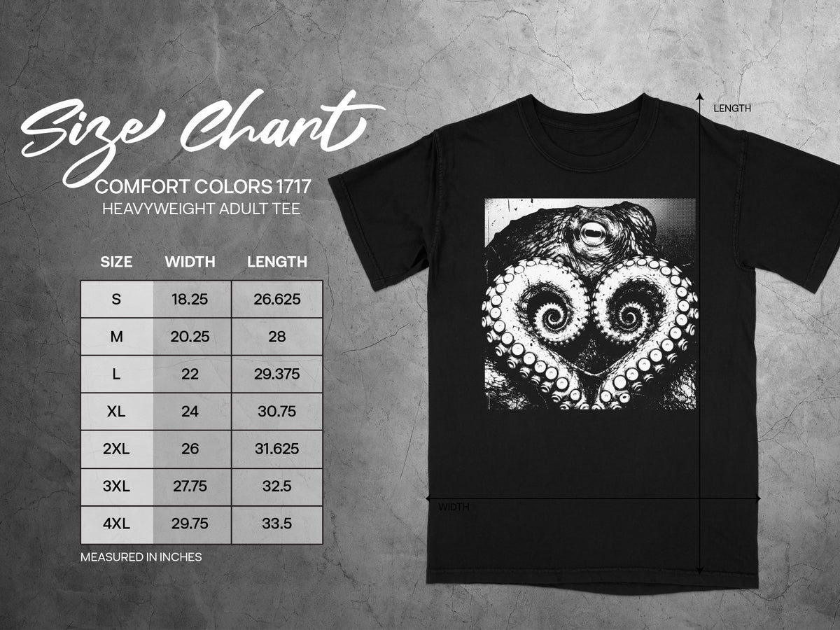 Size chart for Comfort Colors 1717 heavyweight adult tee with octopus graphic.