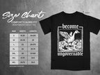 Black t-shirt size chart with "become ungovernable" goose graphic.