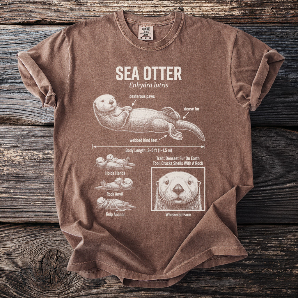 Brown t-shirt with diagram of a sea otter detailing its features and behaviors.