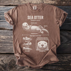 Brown t-shirt with diagram of a sea otter detailing its features and behaviors.