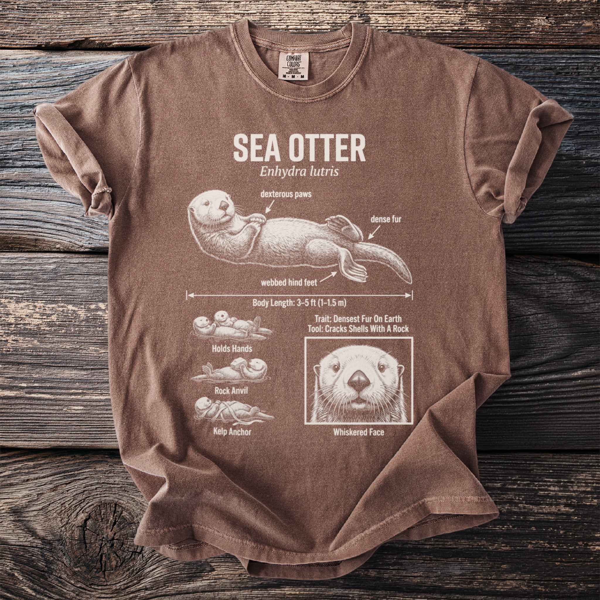 Brown t-shirt with diagram of a sea otter detailing its features and behaviors.