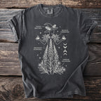 Gray t-shirt with white botanical illustration of a witch with plants and moon phases.