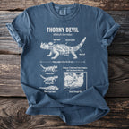 Blue t-shirt with Thorny Devil diagram, mentioning body length, defense, and diet.